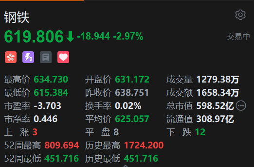 恒生科技指数、国企(😵)指数跌幅扩大至3%，钢铁股集体下挫